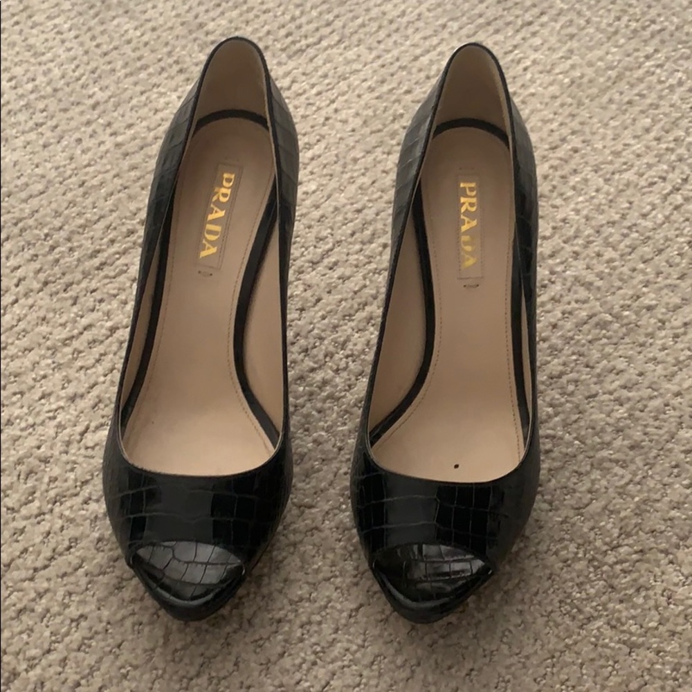 Black open toe Prada pump